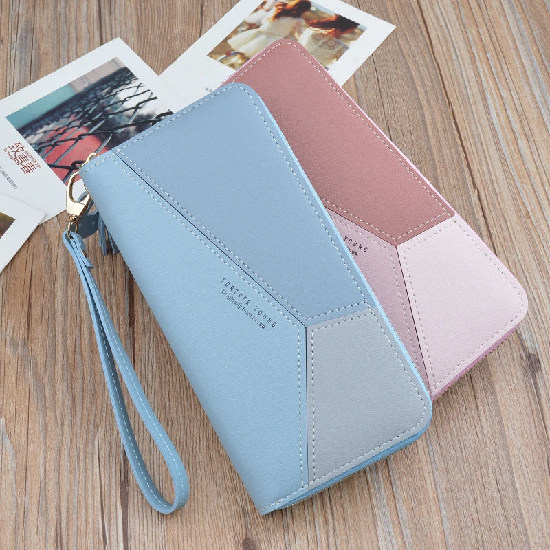 Geometric Patchwork PU Leather Women Long Zipper Wrist Purses Tassel Design Clutch Forever Young Wallet Female Card Holder