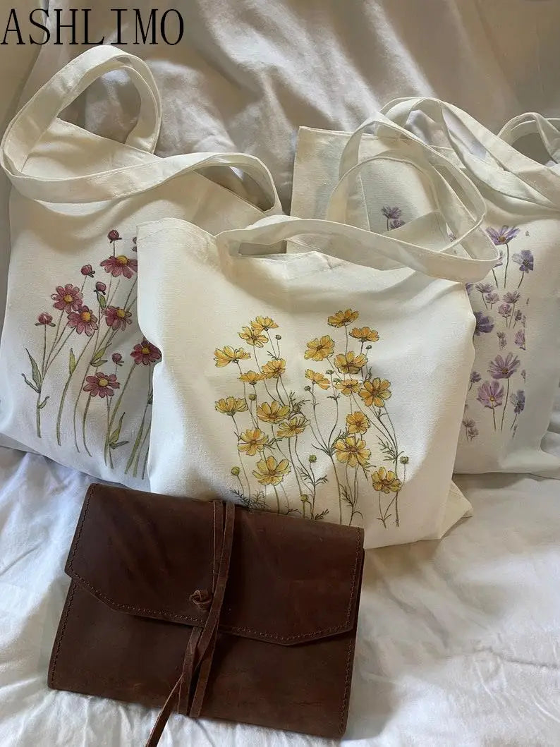 Shopping Bags Floral Canvas Tote Bag Shoulder Bags Flowers Daisy Lavender Rose Garden Eco Friendly Reusable Cute School Tote Bag