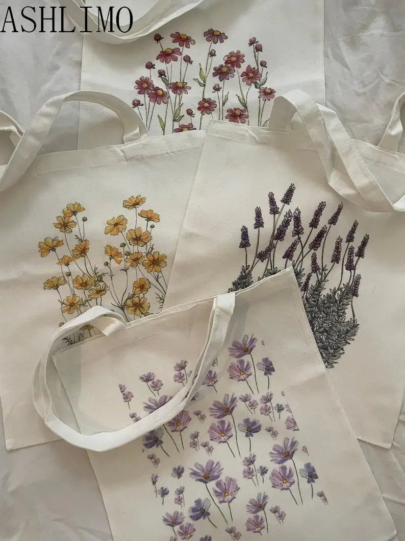 Shopping Bags Floral Canvas Tote Bag Shoulder Bags Flowers Daisy Lavender Rose Garden Eco Friendly Reusable Cute School Tote Bag