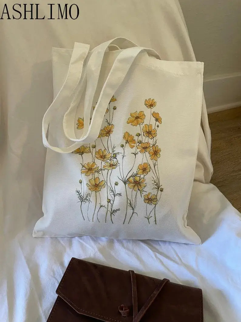 Shopping Bags Floral Canvas Tote Bag Shoulder Bags Flowers Daisy Lavender Rose Garden Eco Friendly Reusable Cute School Tote Bag