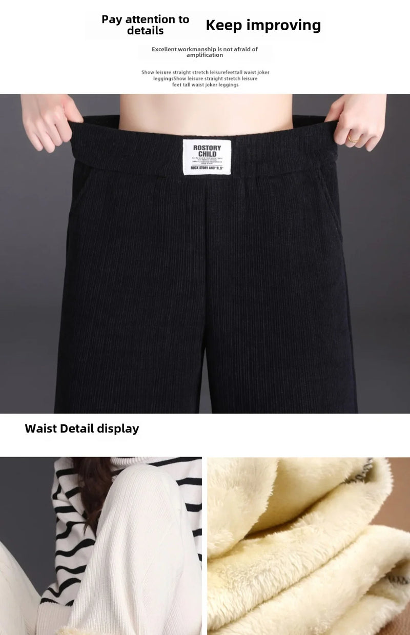Winter New Women's Chenillebell Bottoms Fleece-lined Straight-leg Casual Wool Pants Autumn High-quality Ladies Trousers